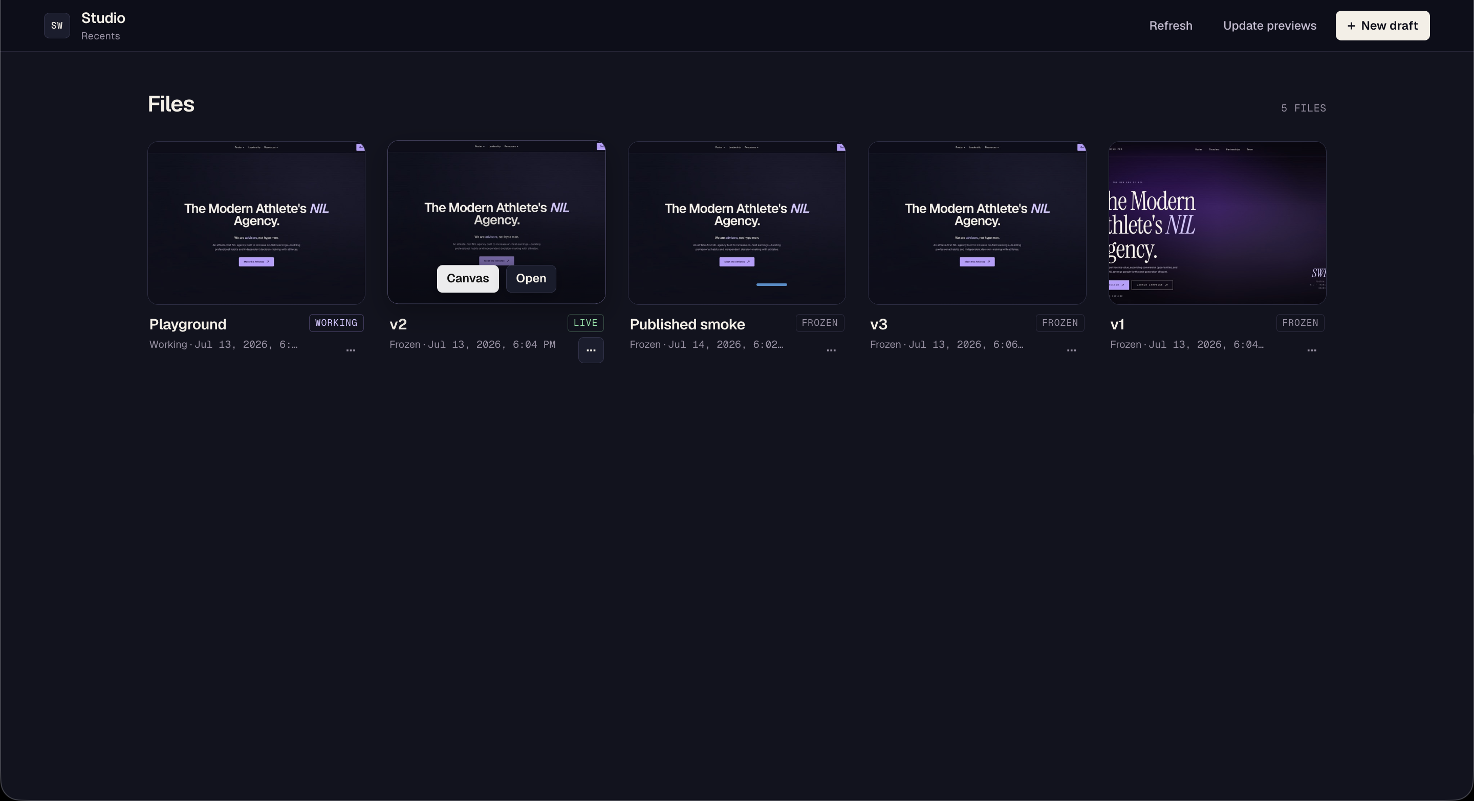 SWP Sandbox homepage with file cards for Playground, live, and frozen versions